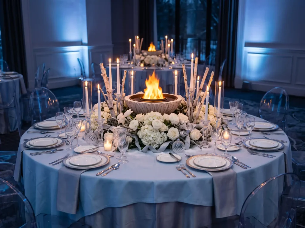 Frozen Fireside Tablescape Inspiration Taking th Winter tablescape with fire effect