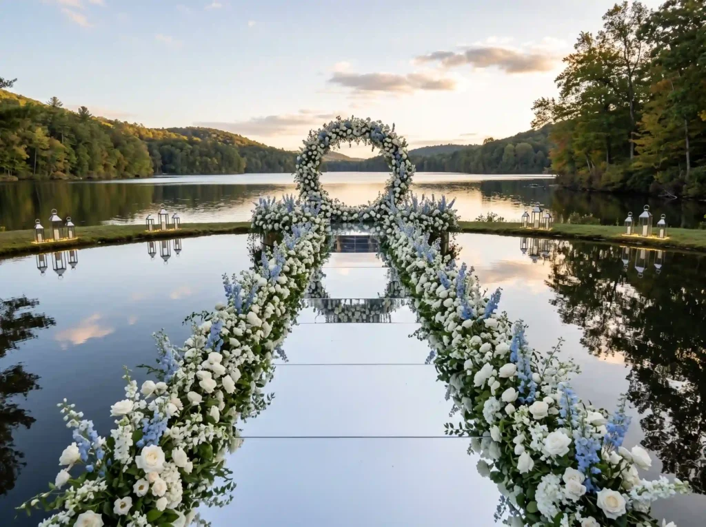 Lakeside Reflection Ceremony Inspiration Calm wa Lakeside mirrored aisle ceremony… K