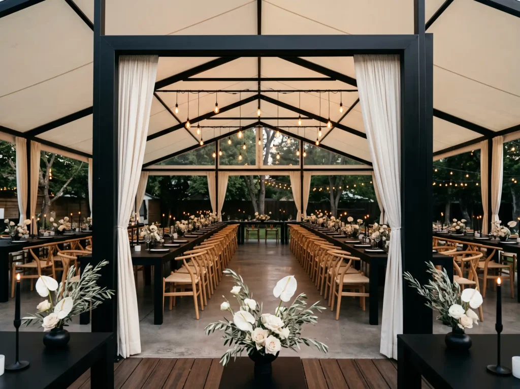 Modern Black and Ivory Backyard Canopy Inspirati Modern backyard wedding receptio… K