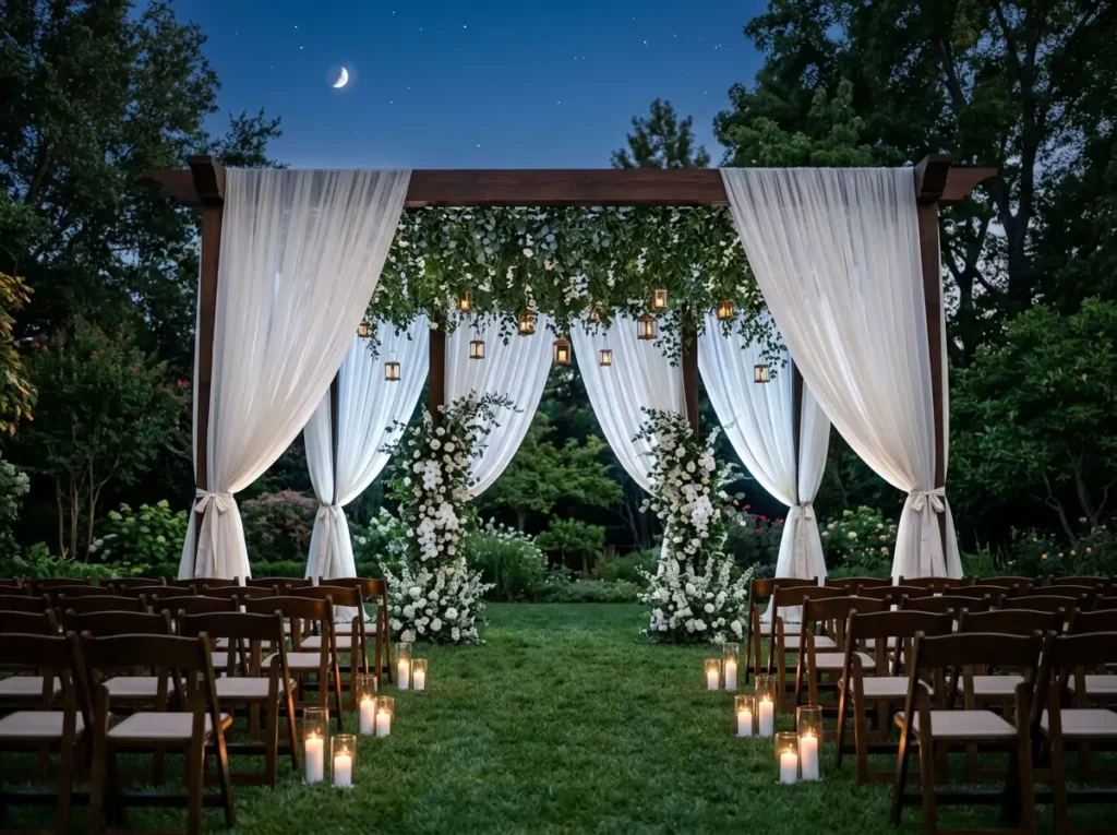 Moonlit Draped Pergola Inspiration Inspired by t Pergola decorated for garden cer…