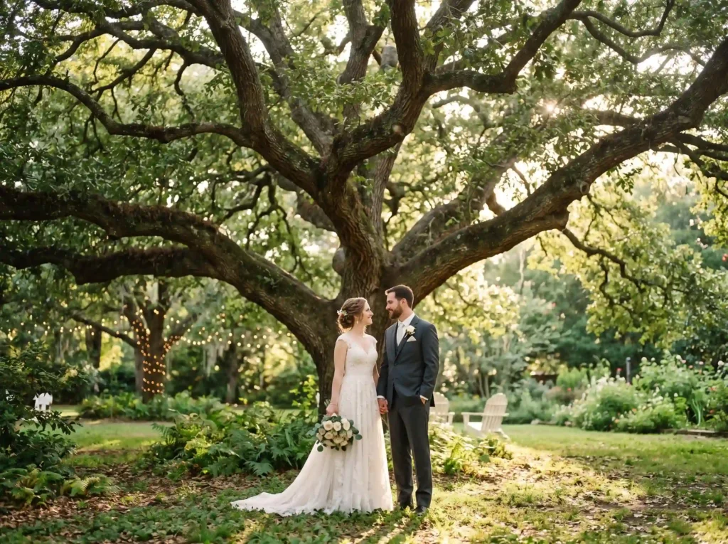 Oak Tree Forever Inspiration A timeless portrait Couple posing under oak tree