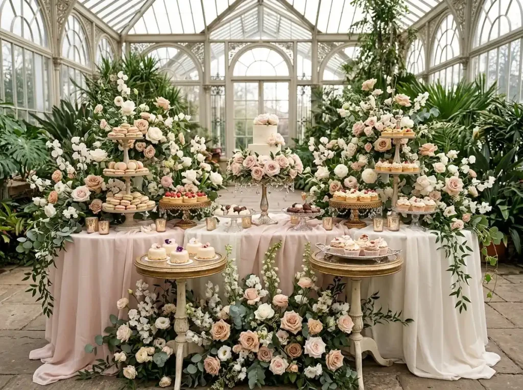 Romantic Bloom Dessert Buffet Inspiration Inspir Dessert buffet with floral arran… ()