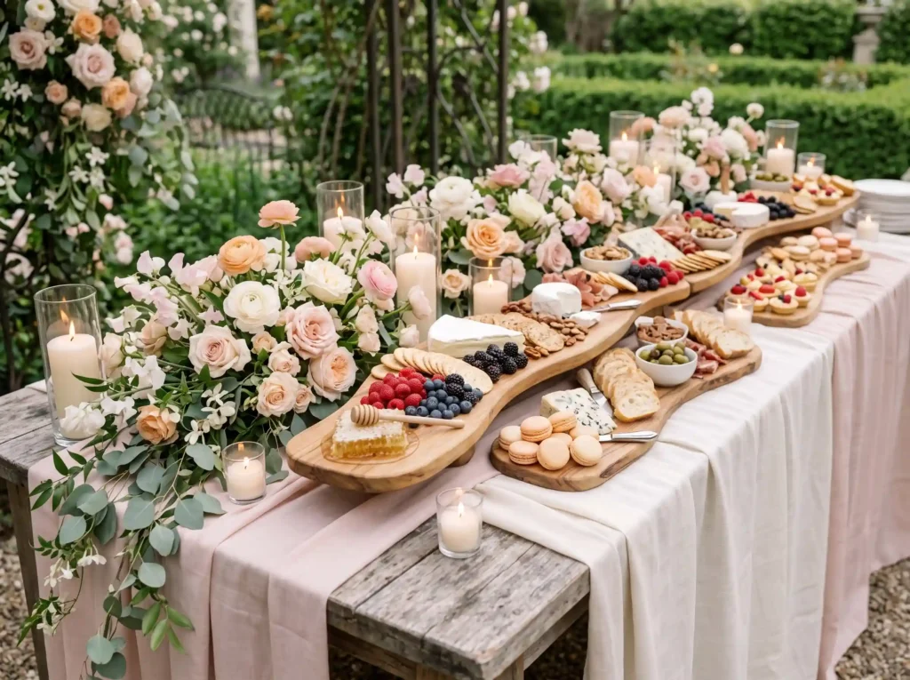 Romantic Garden Bloom Board Inspiration Overflow Wedding grazing table with flora…