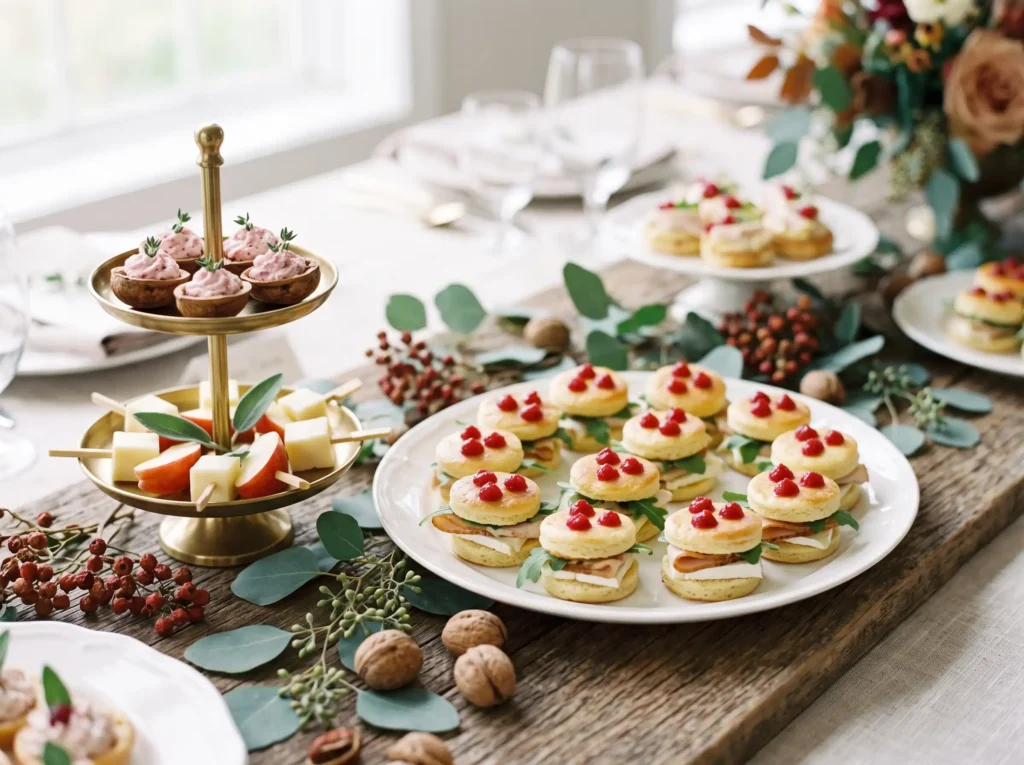 Warm Mushroom Tartlet Station Inspiration Earthy Turkey tea bites on platter