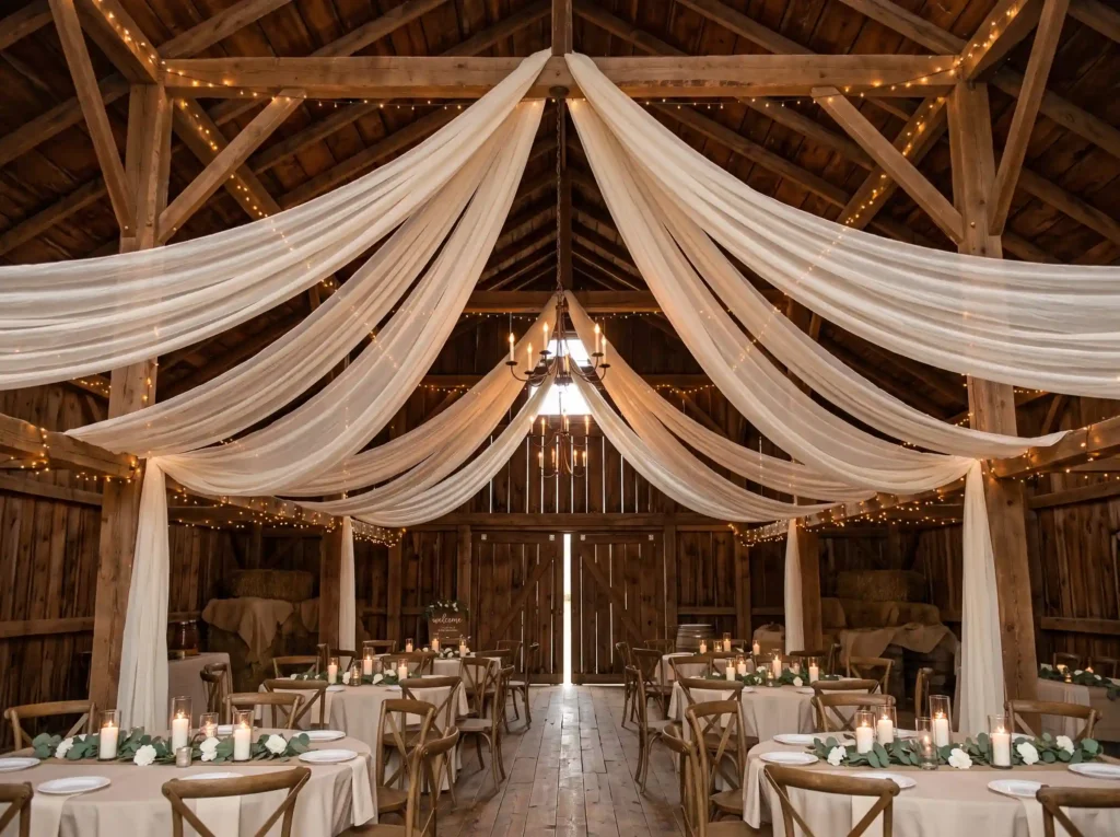 White Draped Barn Canopy Inspiration Borrow the White draped barn canopy K