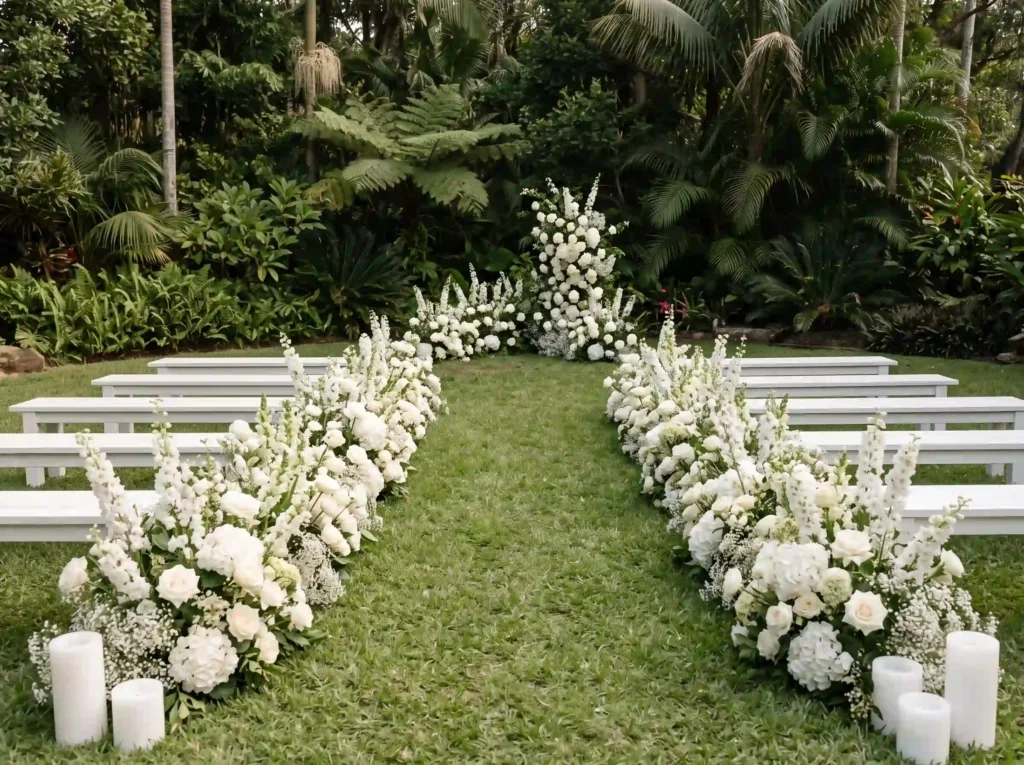 White Garden Chapel Inspiration A tiny backyard Backyard wedding ceremony floral… K