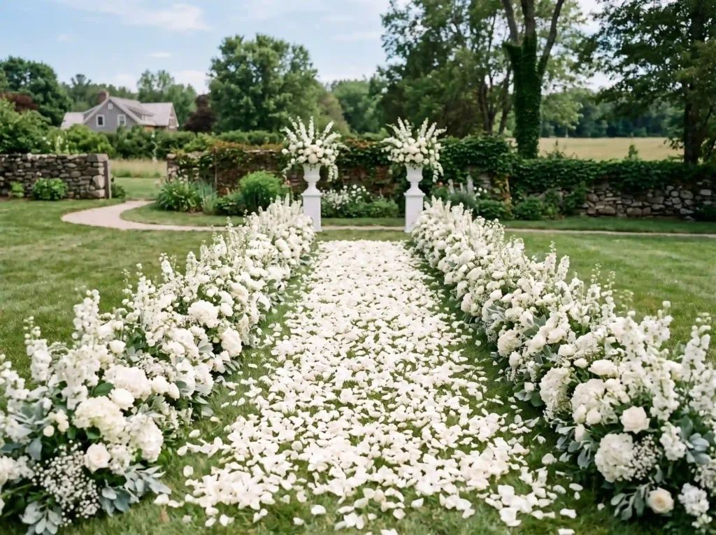 White Petal River Inspiration A clean minimalist White petal river wedding aisle