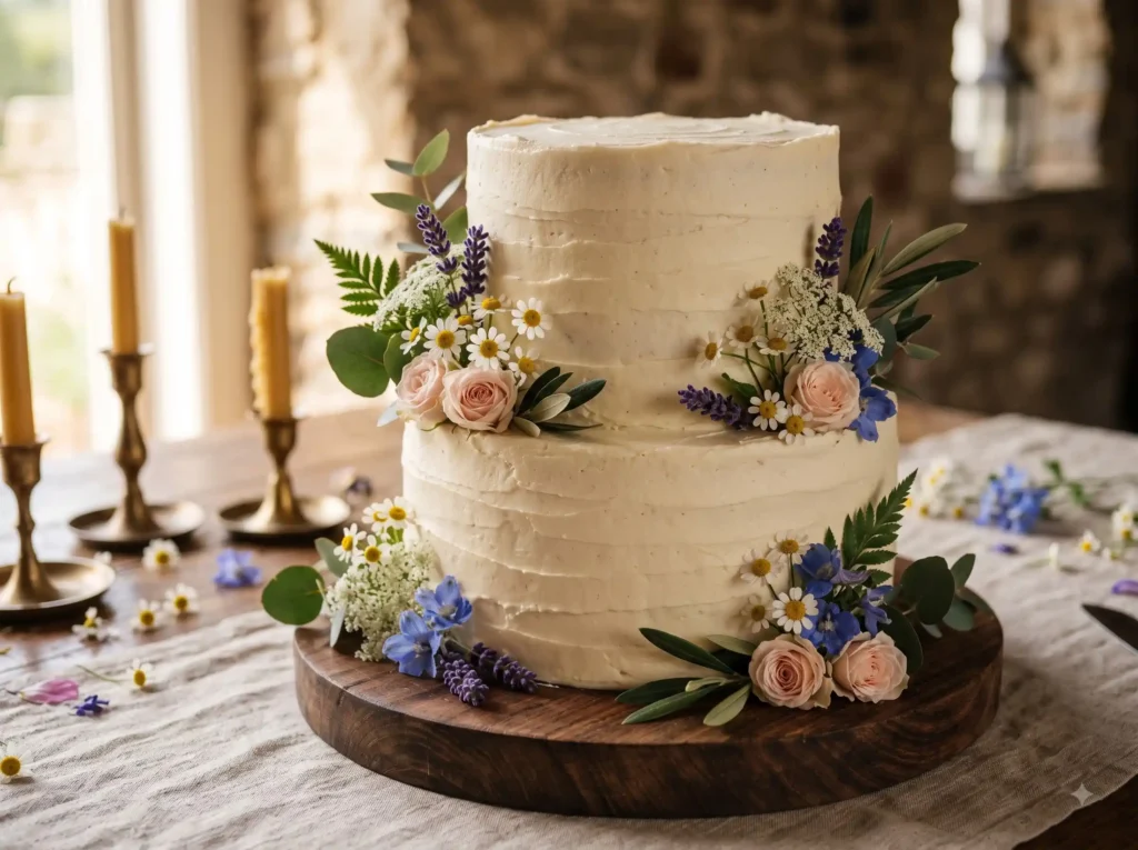 Wildflower Cottage Romance Inspiration Inspired Buttercream wedding cake decorat… K