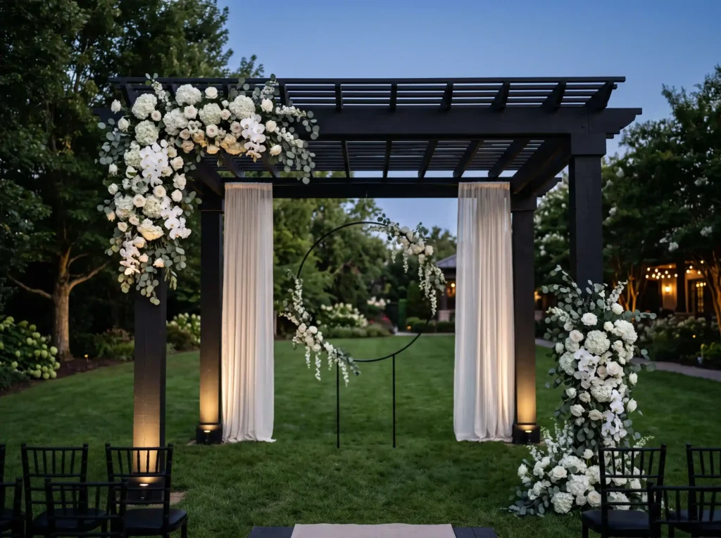 Black Pergola With White Florals Inspiration The Black pergola decorated with flo…
