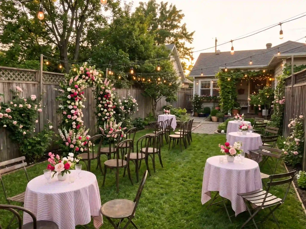 Blush Bistro Backyard Inspiration A petite Europ Backyard wedding reception setup K