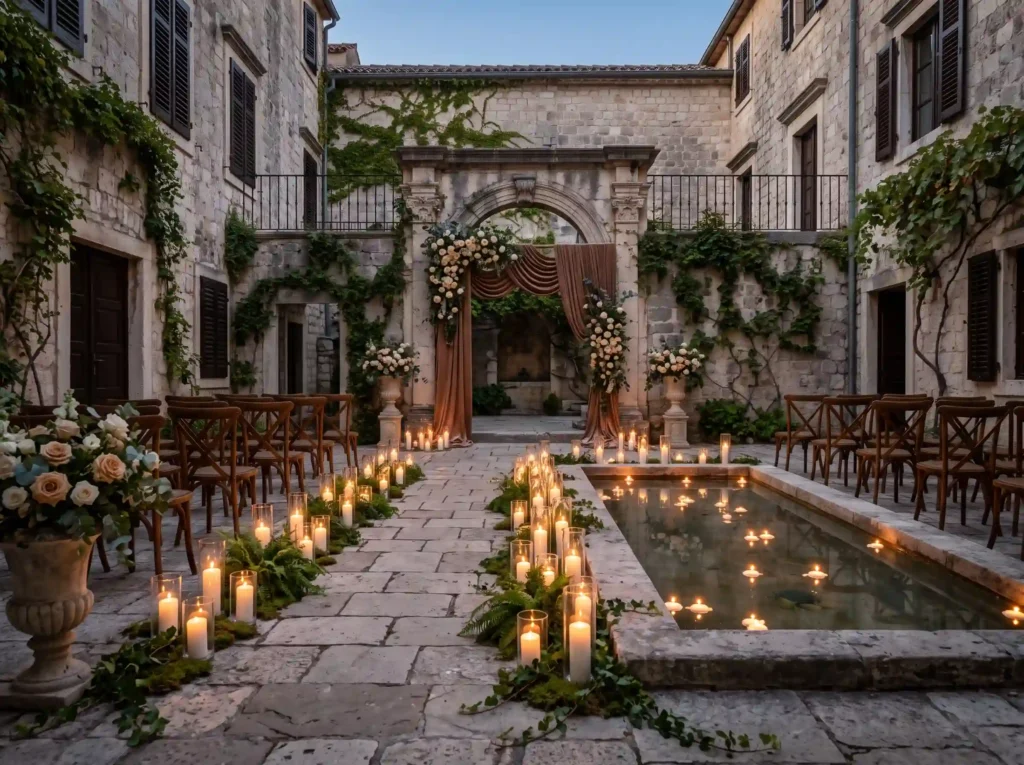 Candlelit Stone Courtyard Inspiration Historic E Candlelit stone courtyard weddin… K