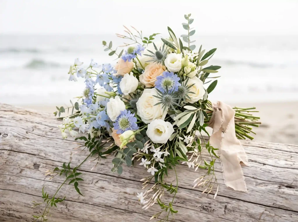 Coastal Breeze Bouquet Inspiration Inspired by o Coastal breeze bouquet on driftwood