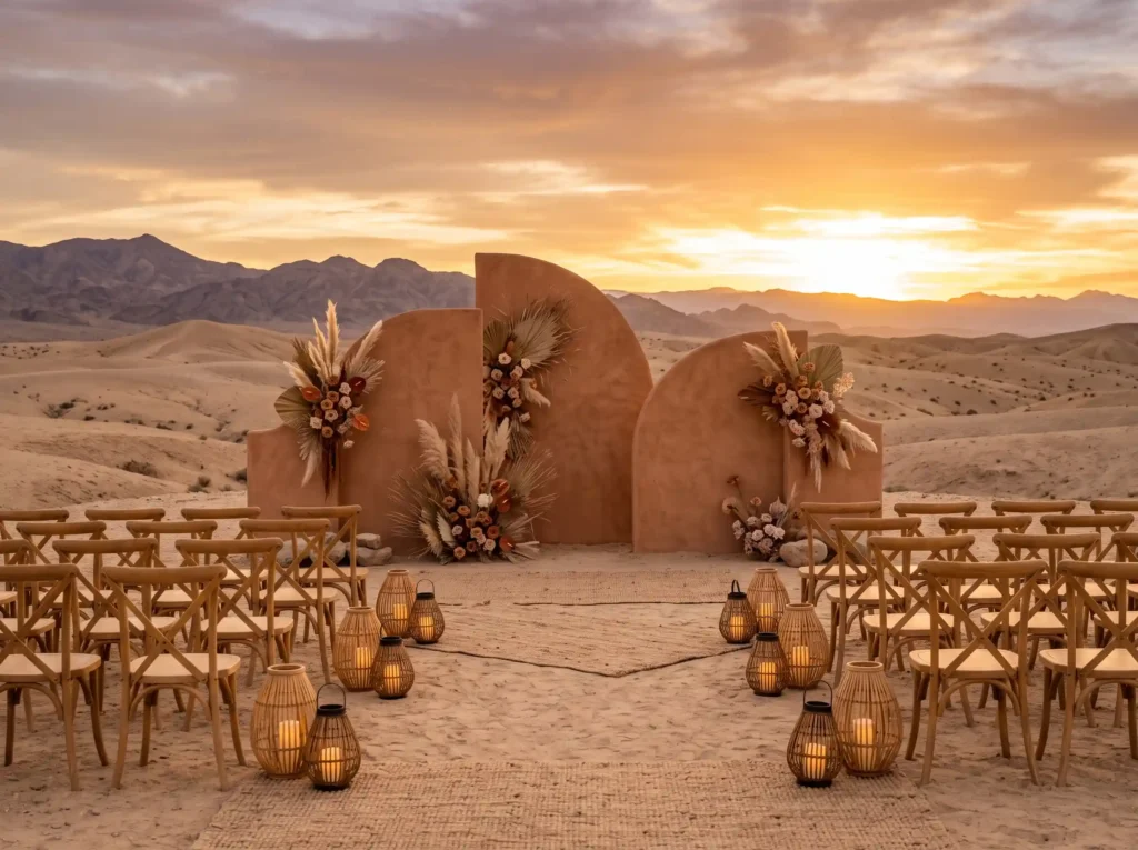 Desert Sunset Oasis Inspiration Warm earth tones Desert wedding ceremony decor K
