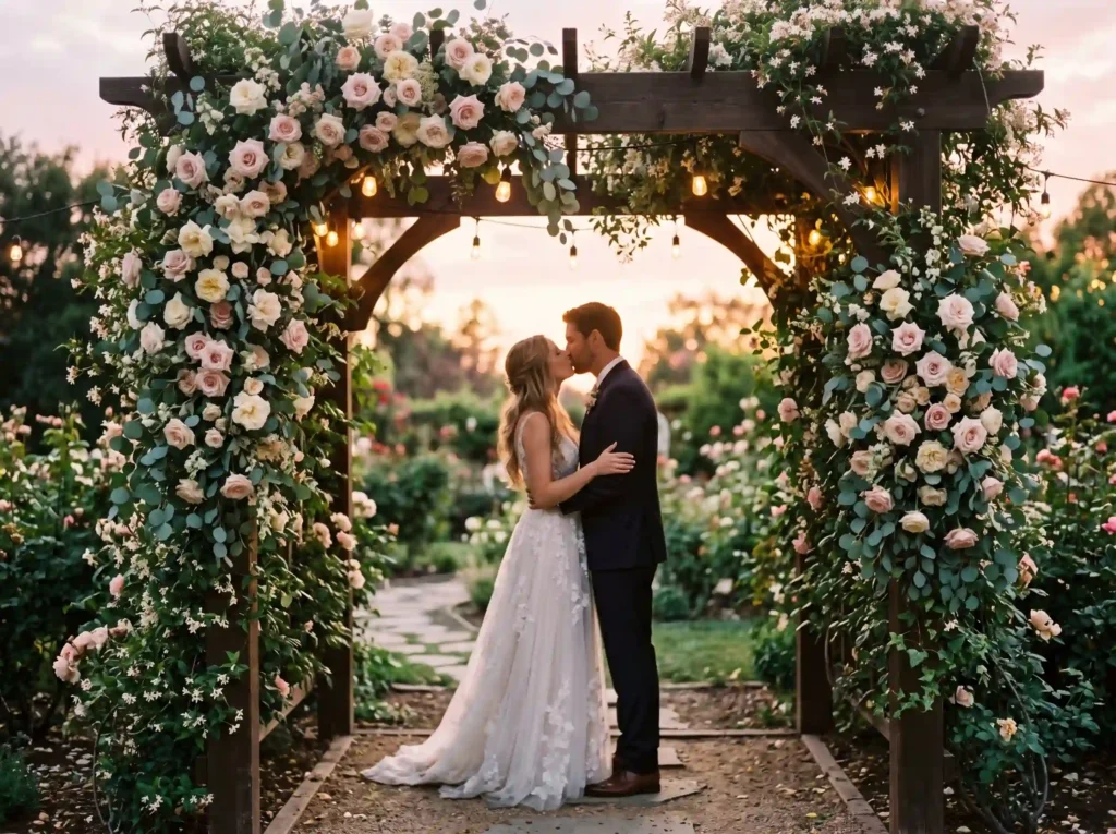 Floral Arbor Kiss Inspiration A quiet romantic m Couple kissing beneath floral arbor