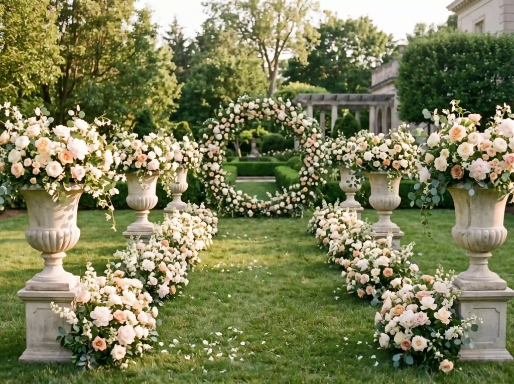 Garden Urn Elegance Inspiration European estate Garden urns floral ceremony arch