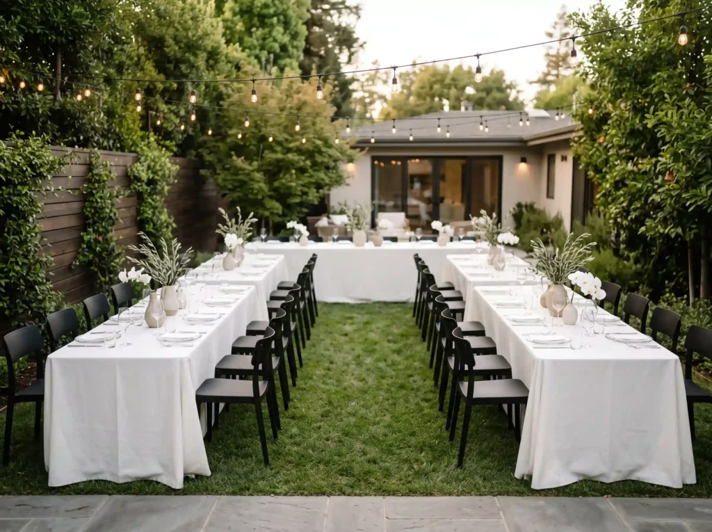 Minimalist White Lawn Dinner Inspiration A delib Minimalist white lawn dinner tables
