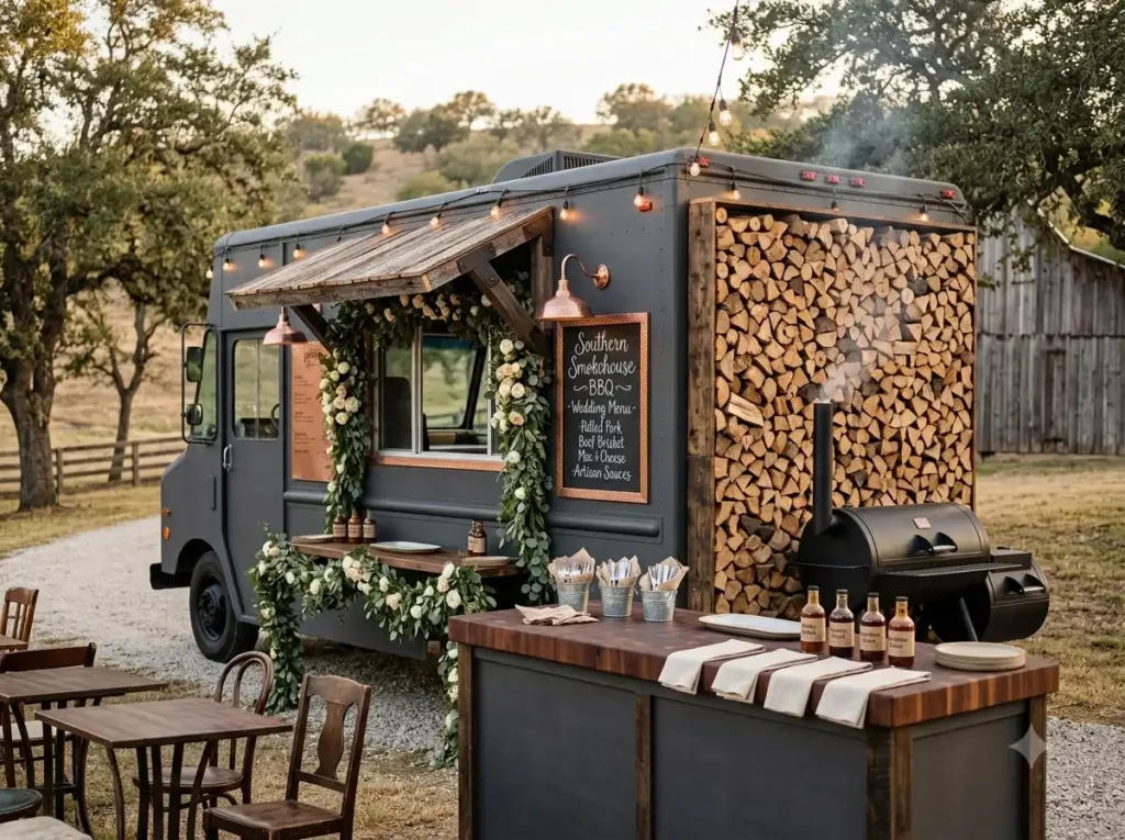 Southern Smokehouse BBQ Wagon Inspiration Rustic BBQ wagon wedding styling