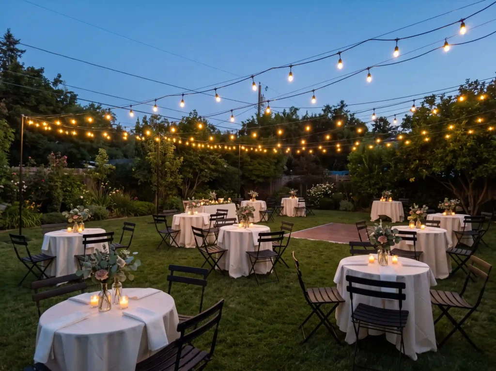 String Light Bistro Night Inspiration A handful Backyard bistro wedding receptio… K