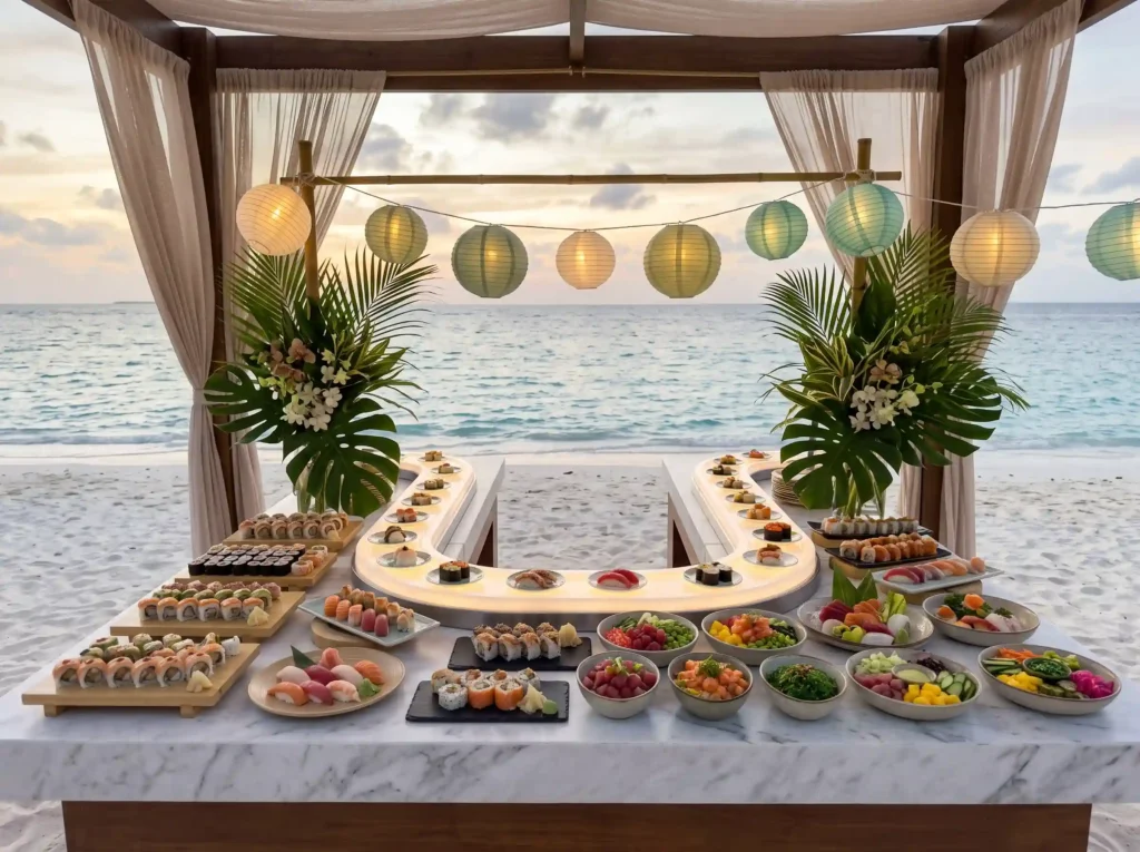 Sushi Poke Island Bar Inspiration Modern coastal Sushi station at beach reception
