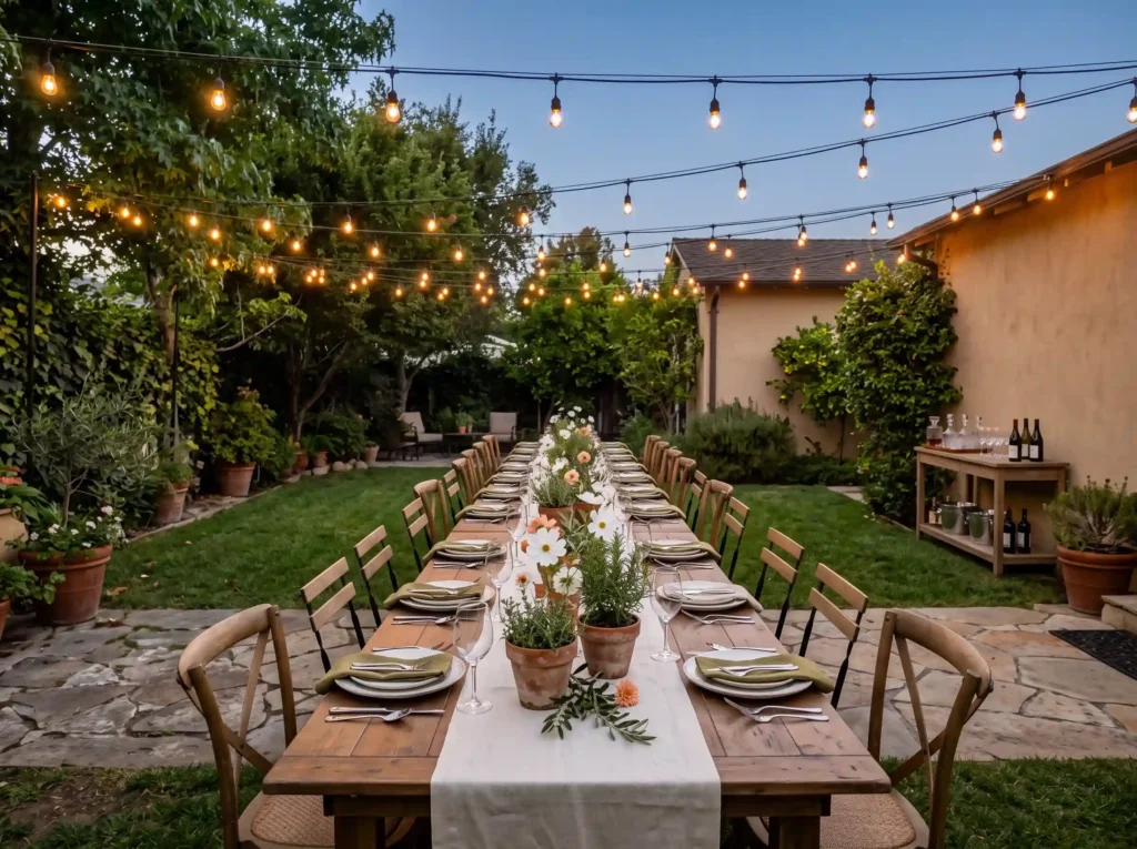 Bistro Lights and Long Table Inspiration A relax Backyard table beneath cafe lights
