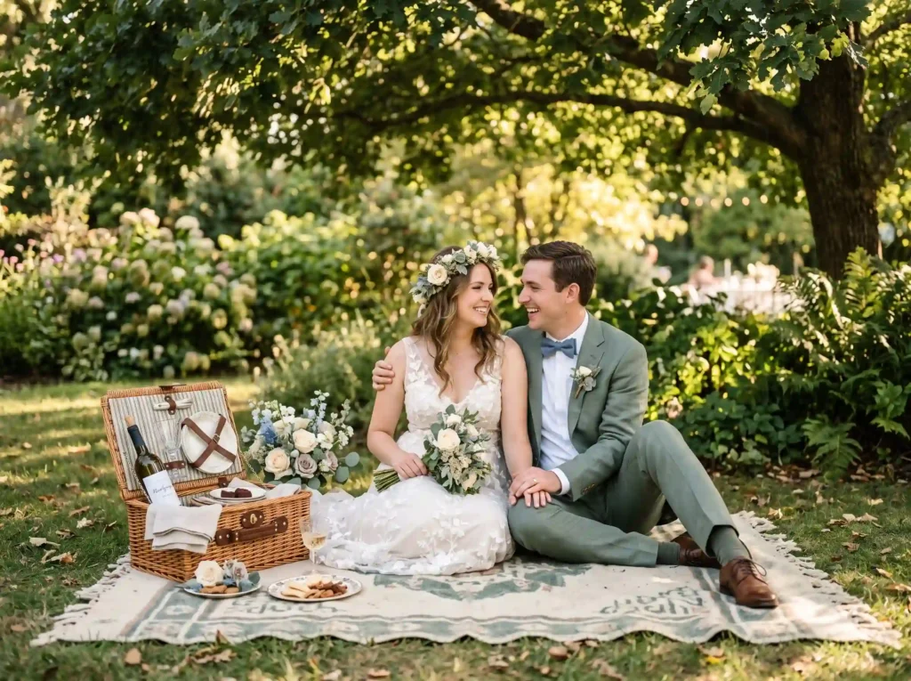 Blanket Picnic Romance Inspiration A peaceful es Newlyweds having picnic portrait K