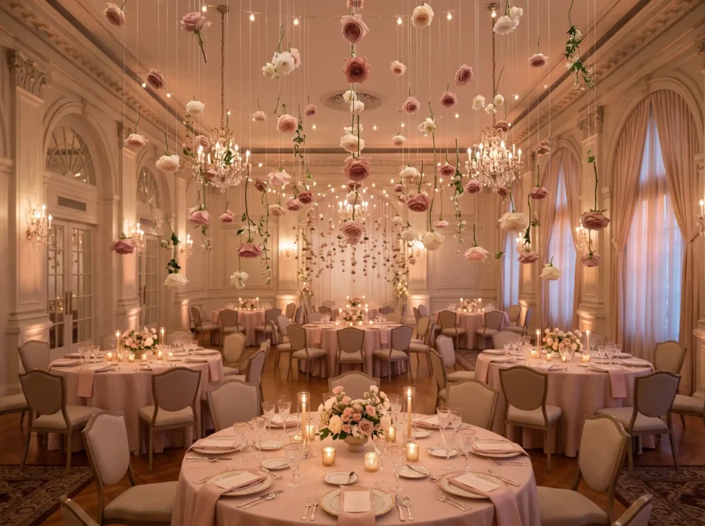 Blush Rose Rain Inspiration Inspired by the refe Suspended roses above dining tables