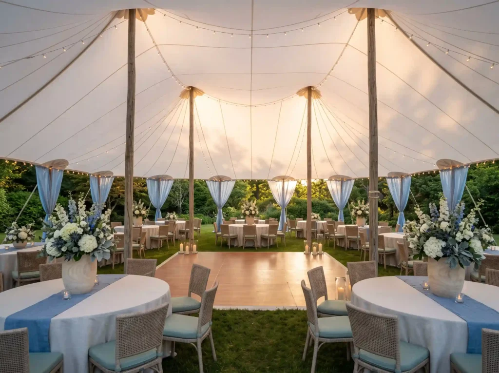 Coastal Blue Linen Pavilion Inspiration This des Coastal blue linen pavilion wedding