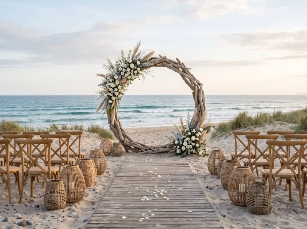 Coastal Breeze Ceremony Inspiration Inspired by Beachfront wedding ceremony setup K