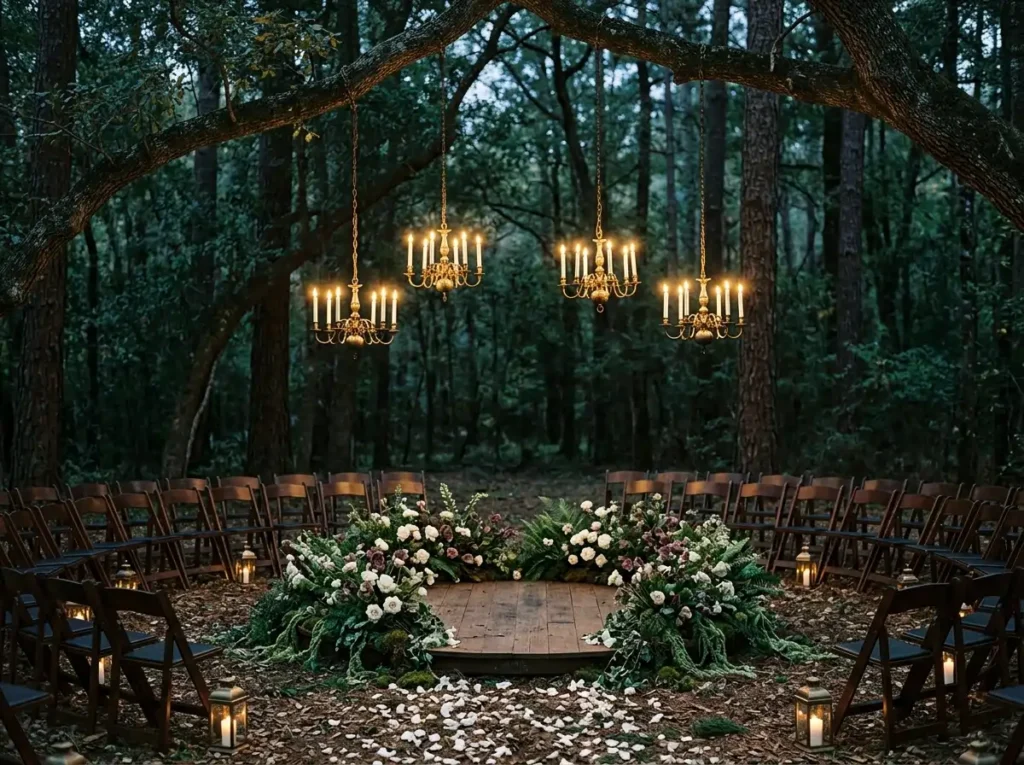 Forest Chandelier Circle Inspiration The hanging Woodland ceremony circle setup