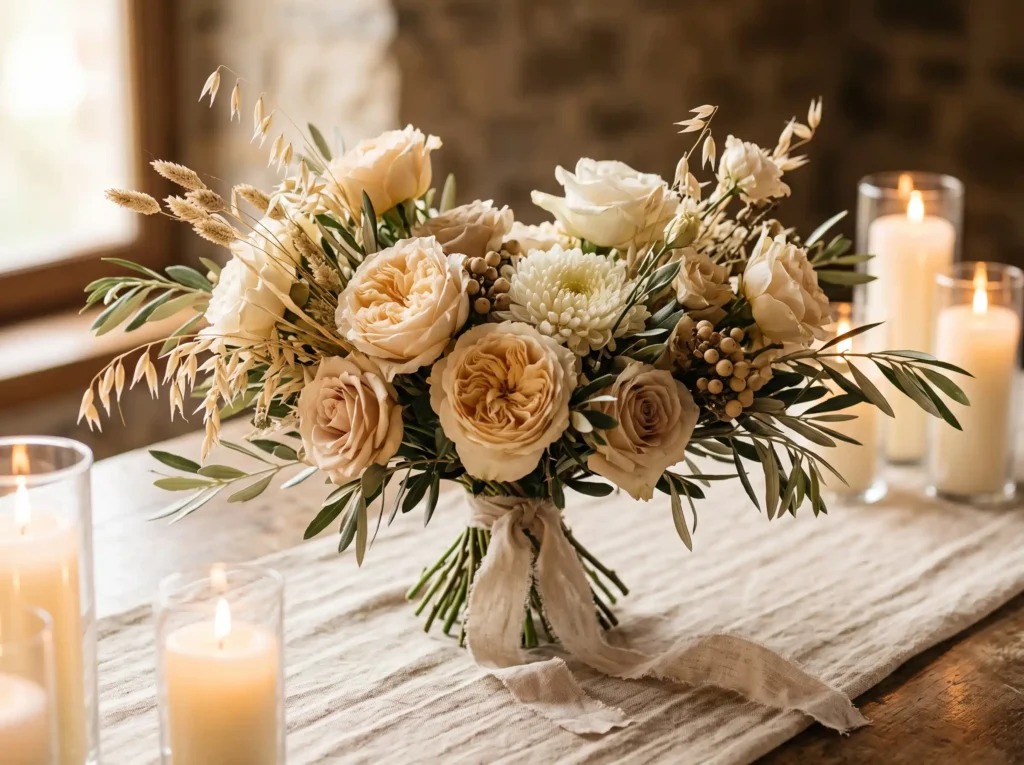 Golden Champagne Harvest Inspiration Inspired by Champagne harvest bouquet on table