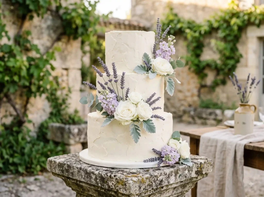 Lavender Estate Bloom Inspiration French country Decorated wedding cake on pedestal