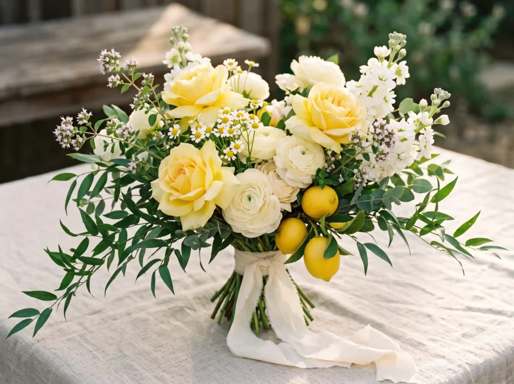 Lemon Orchard Elegance Inspiration Fresh citrus Bridal bouquet with lemons and