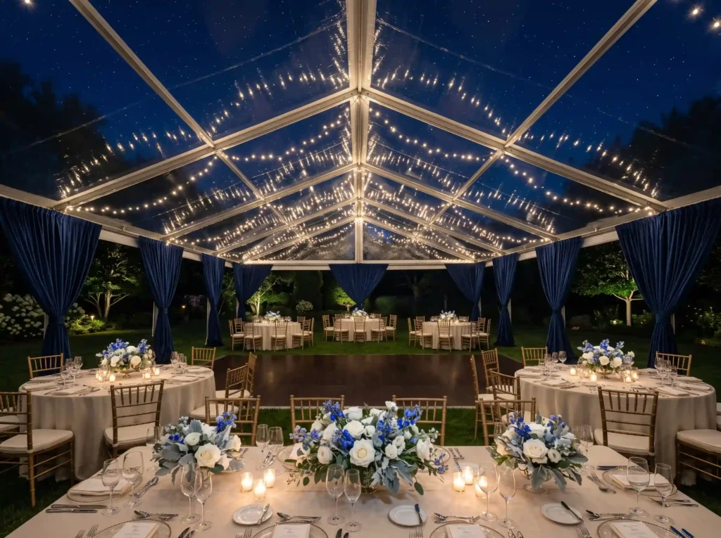 Midnight Blue Stargazer Tent Inspiration Designe Tent wedding reception at night