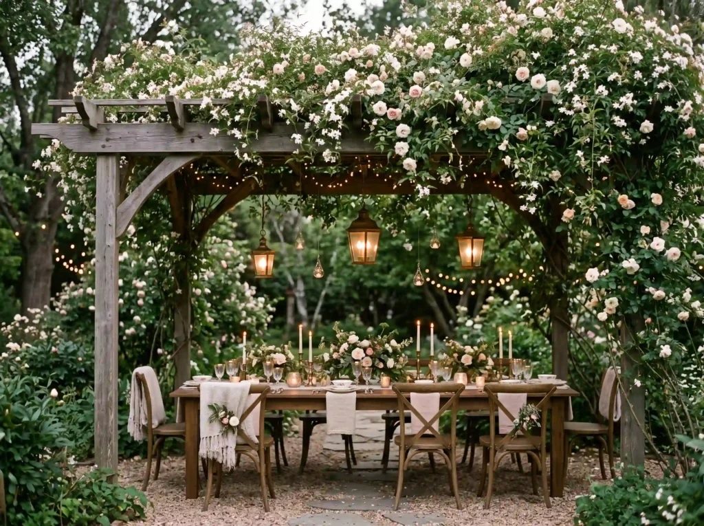 Secret Garden Pergola Inspiration An enchanted g Floral pergola reception banquet… K