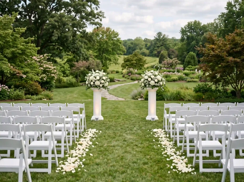 Simple White Floral Columns Inspiration Two flor White floral columns wedding setup