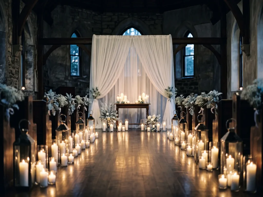 Snowy Candle Chapel Inspiration Instead of inves Candlelit winter wedding ceremon… K