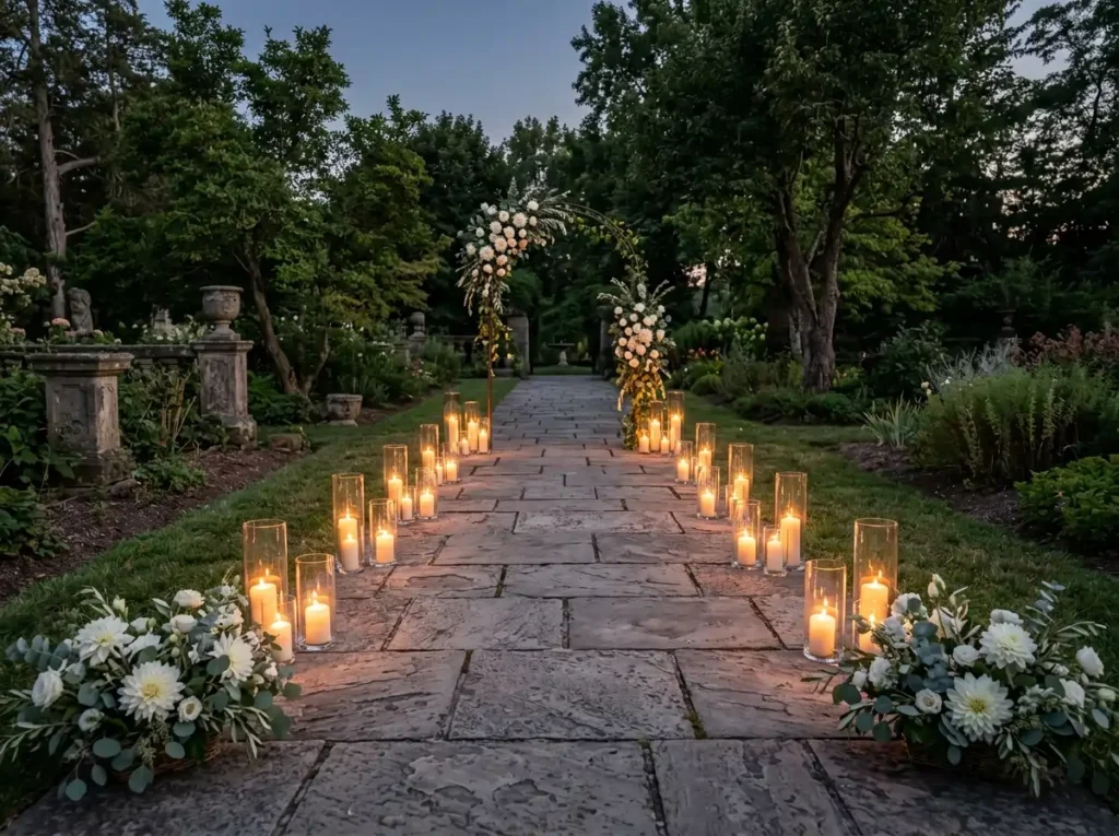 Candlelit stone path ceremony arch