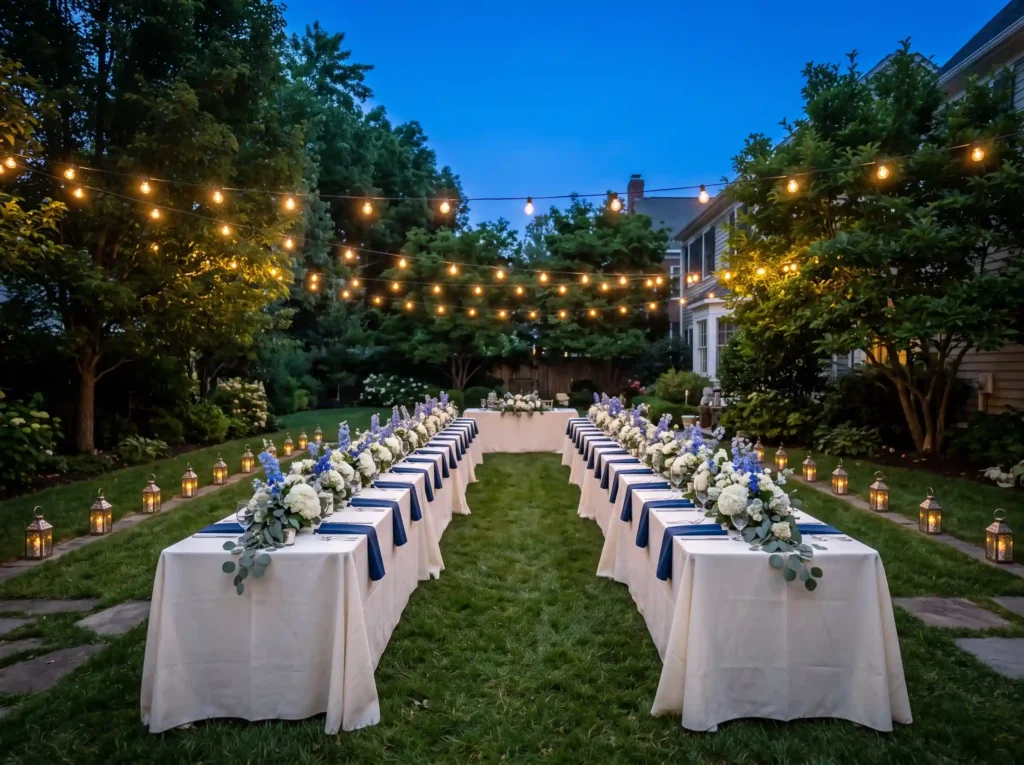 Blue Hour Courtyard Inspiration A sophisticated Backyard reception at blue hour