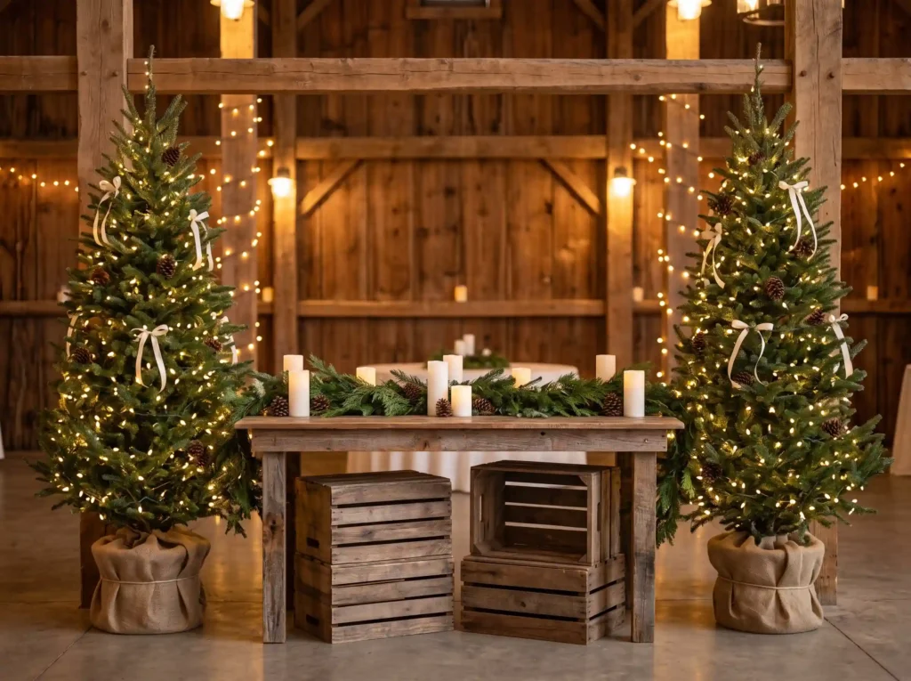 Budget Christmas Tree Lounge Inspiration A pair Evergreen trees framing wooden t…