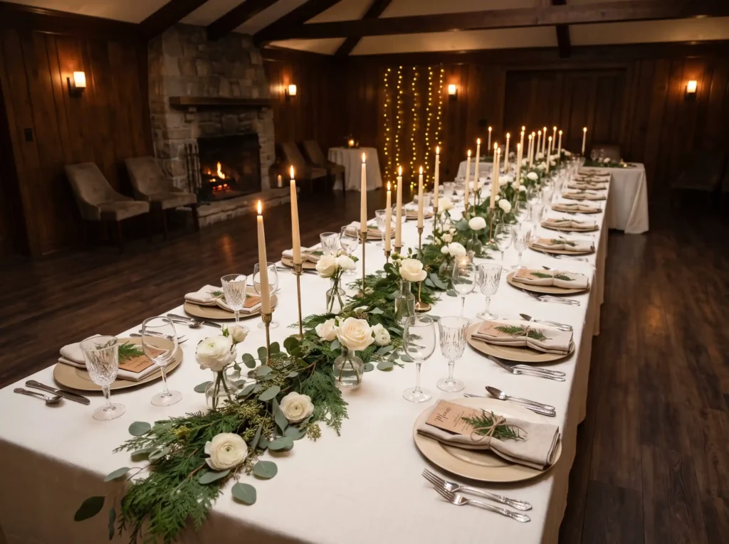 Champagne Cedar Dinner Party Inspiration A refin Champagne and cedar wedding dinner