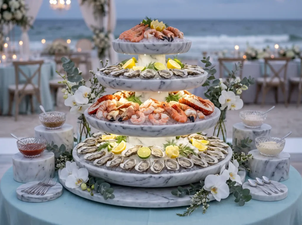Champagne Seafood Tower Inspiration Designed as Seafood tower display on station