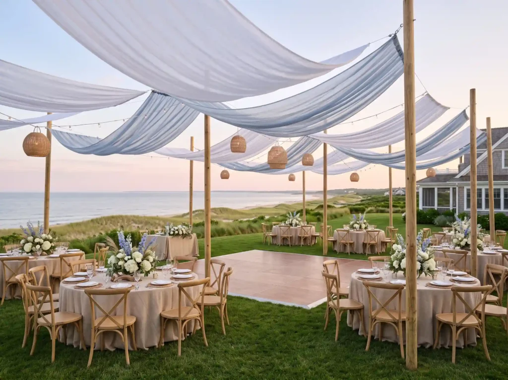 Coastal Breeze Lawn Reception Inspiration Fresh Coastal reception with sail fabric