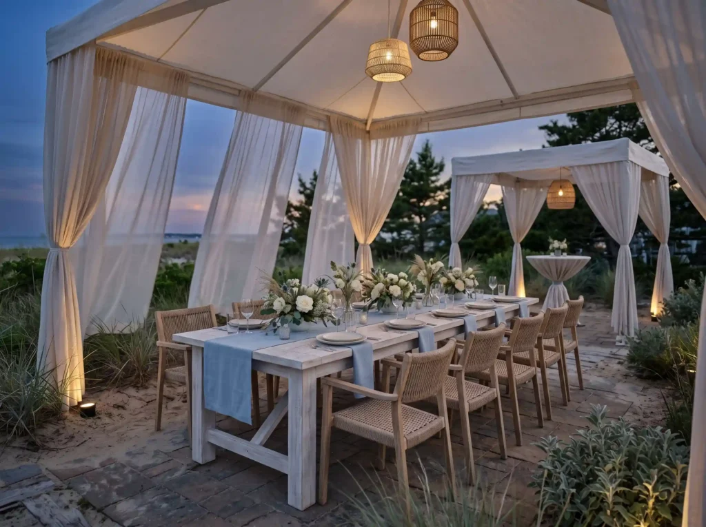 Coastal Linen Pavilion Inspiration A breezy back Coastal linen pavilion dining setup