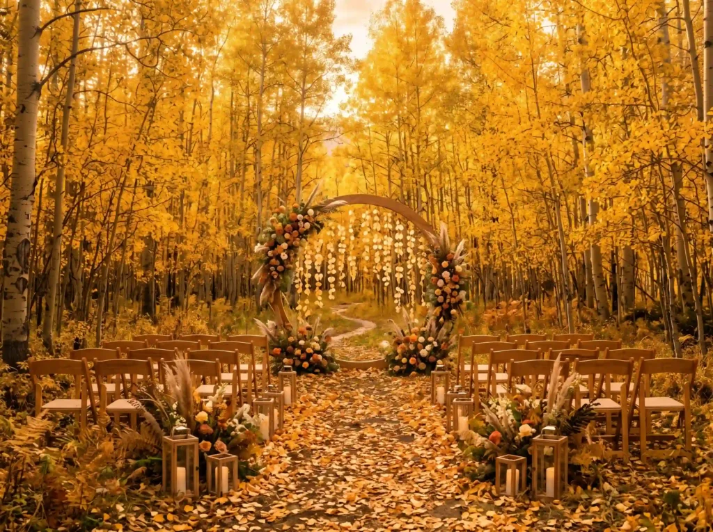 Golden Aspen Sanctuary Inspiration Endless golde Aspen forest wedding ceremony arch