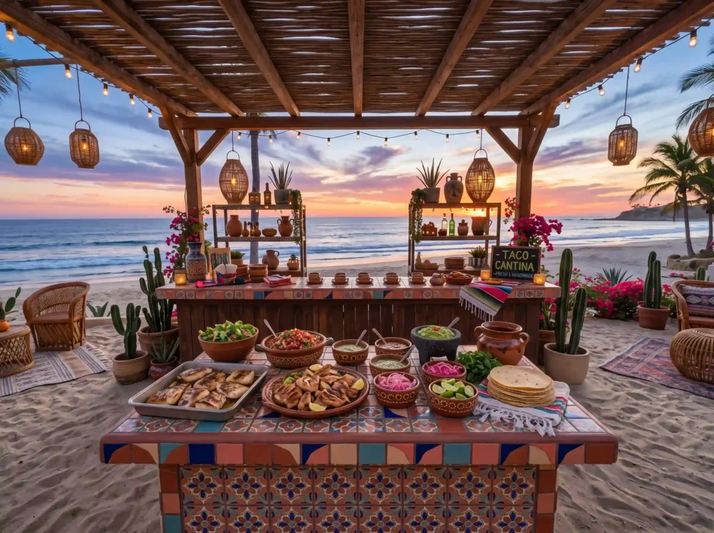 Gourmet Taco Beach Cantina Inspiration Colorful Beachfront taco buffet setup K