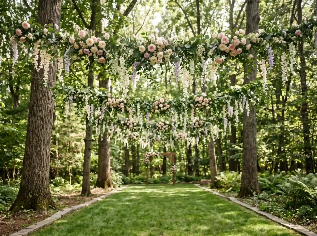 Hanging Floral Canopy Inspiration A simple aisle Floral canopy over lawn aisle
