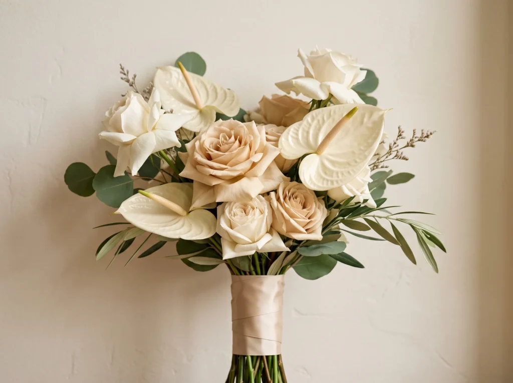 Ivory Champagne Editorial Inspiration Designed w Champagne bridal bouquet on wall