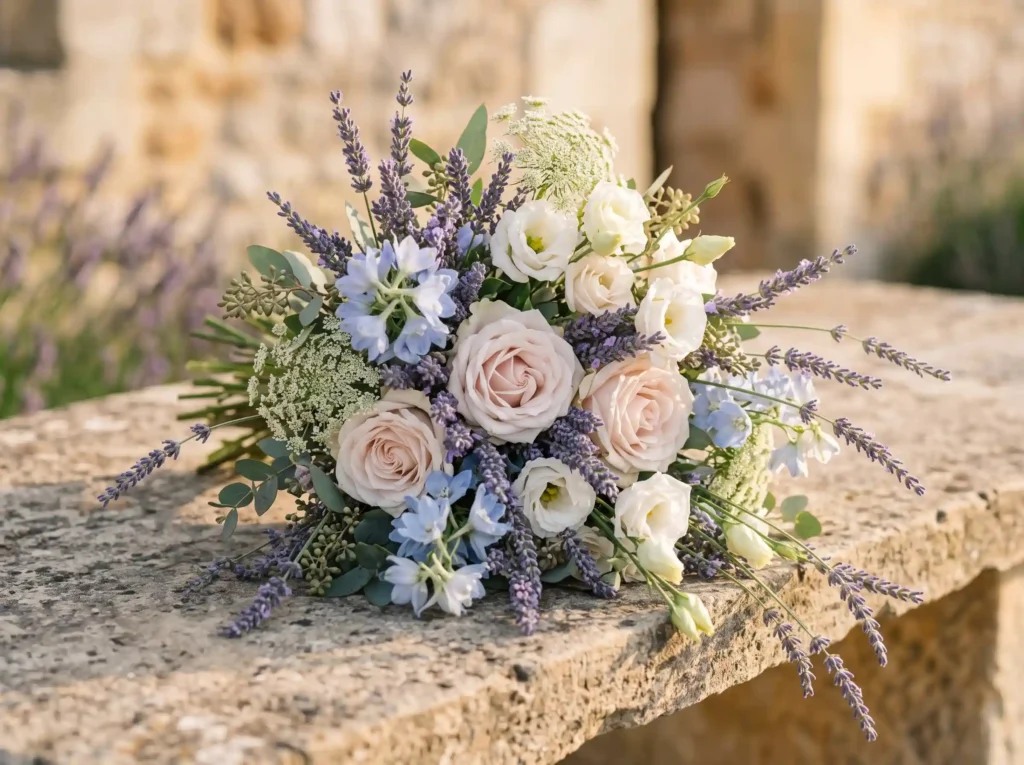 Lavender Fields Forever Inspiration Endless lave Bridal bouquet on rustic table