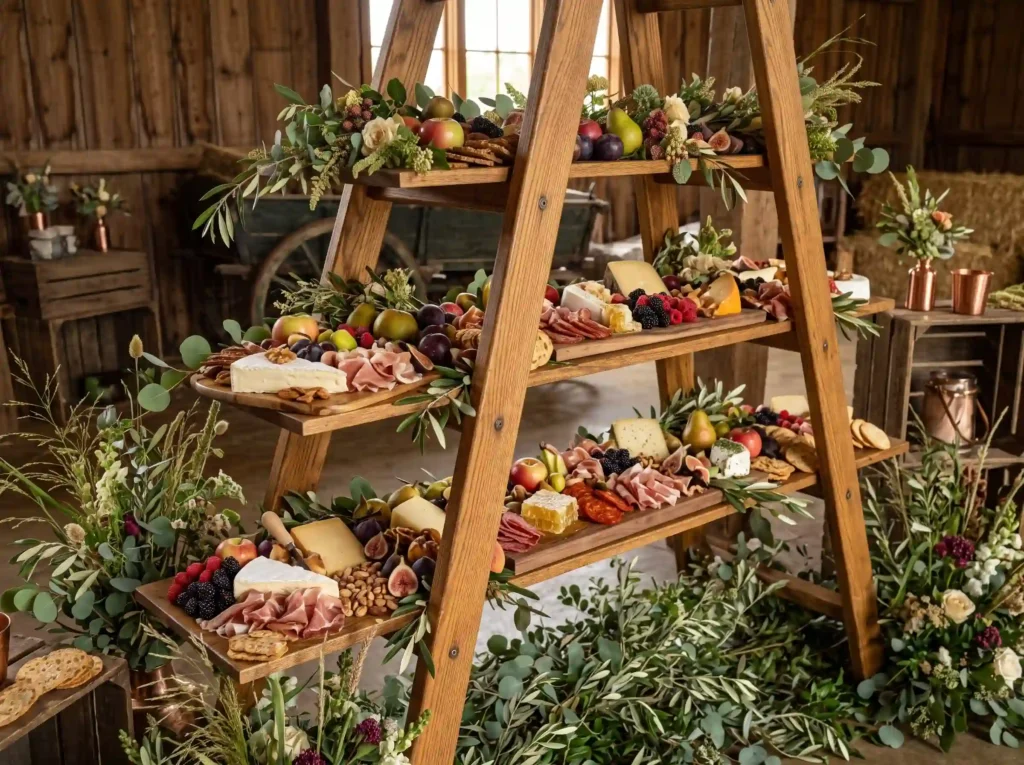 Orchard Ladder Display Inspiration Rustic orchar Charcuterie displayed on orchard… K