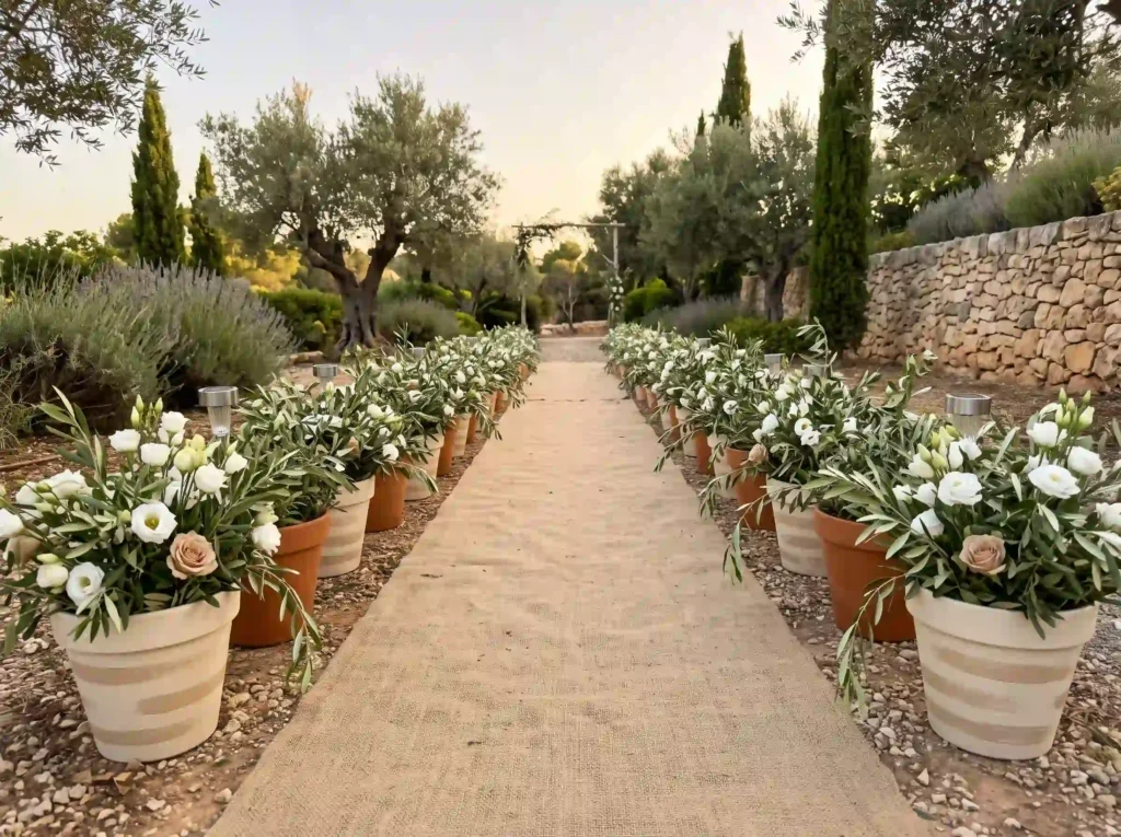 Painted Terracotta Pot Aisle Inspiration Inexpen Terracotta pots line wedding aisle